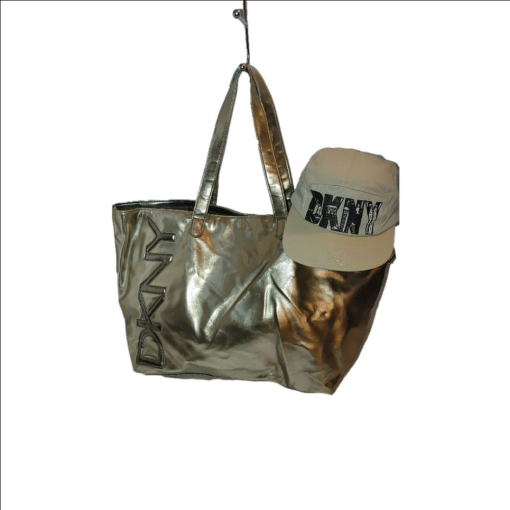 DKNY XL Metallic Shopper Tote & RARE Vintage DKNY Five Panel Baseball Cap